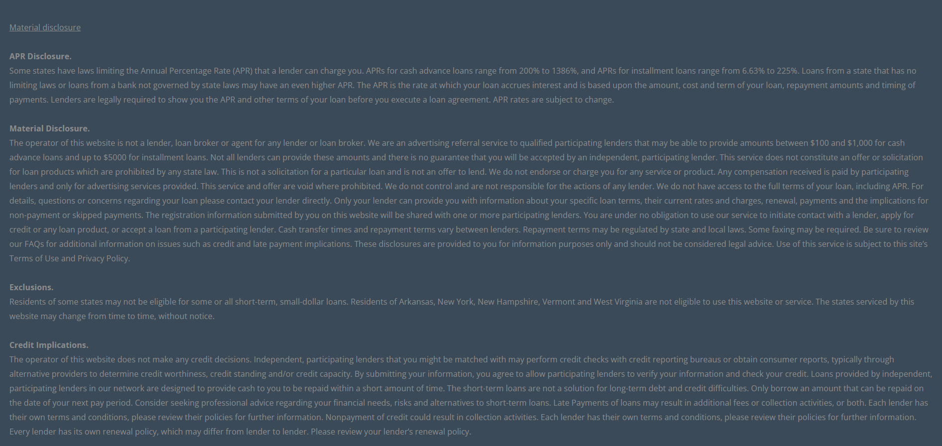 Material disclosure for payday loans in Lubbock Texas